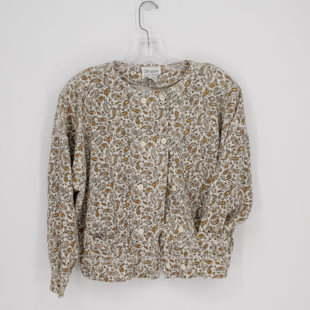 DB Sport Women's Vintage Cream Paisley‎ Button Front Cardigan Sweater Size L